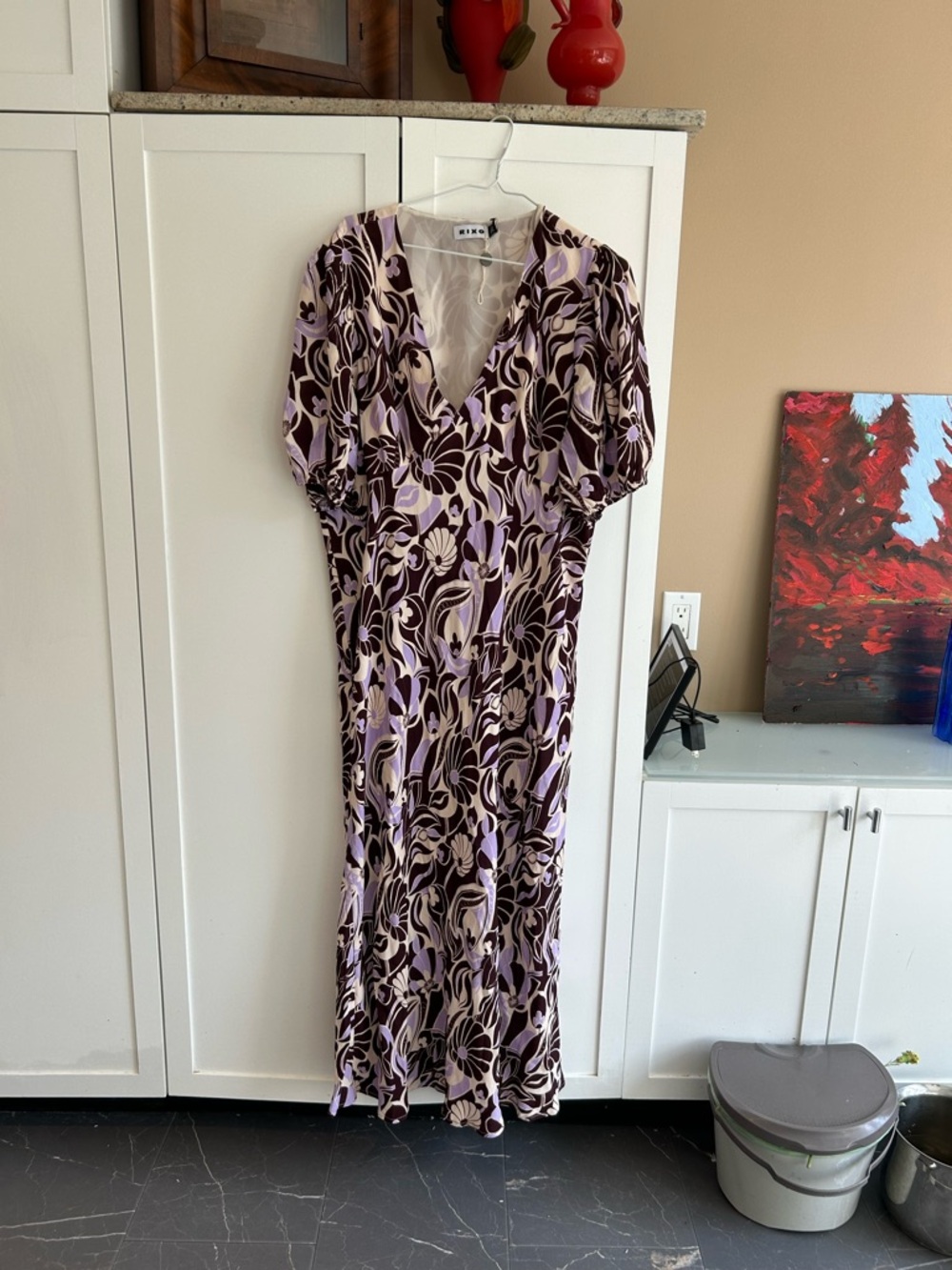 RIXO Lavender & Brown Floral V-Neck Midi Dress